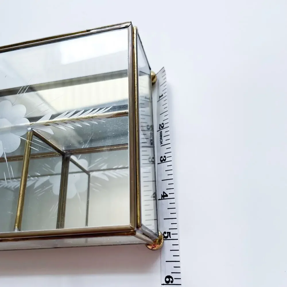 Vintage Brass Etched Glass Mirrored Footed Jewelry or Trinket Box Hinged Lid